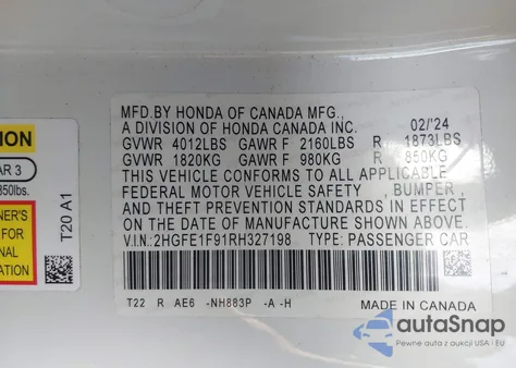2024 Honda Civic Touring from USA, damaged, VIN 2HGFE1F91RH327198